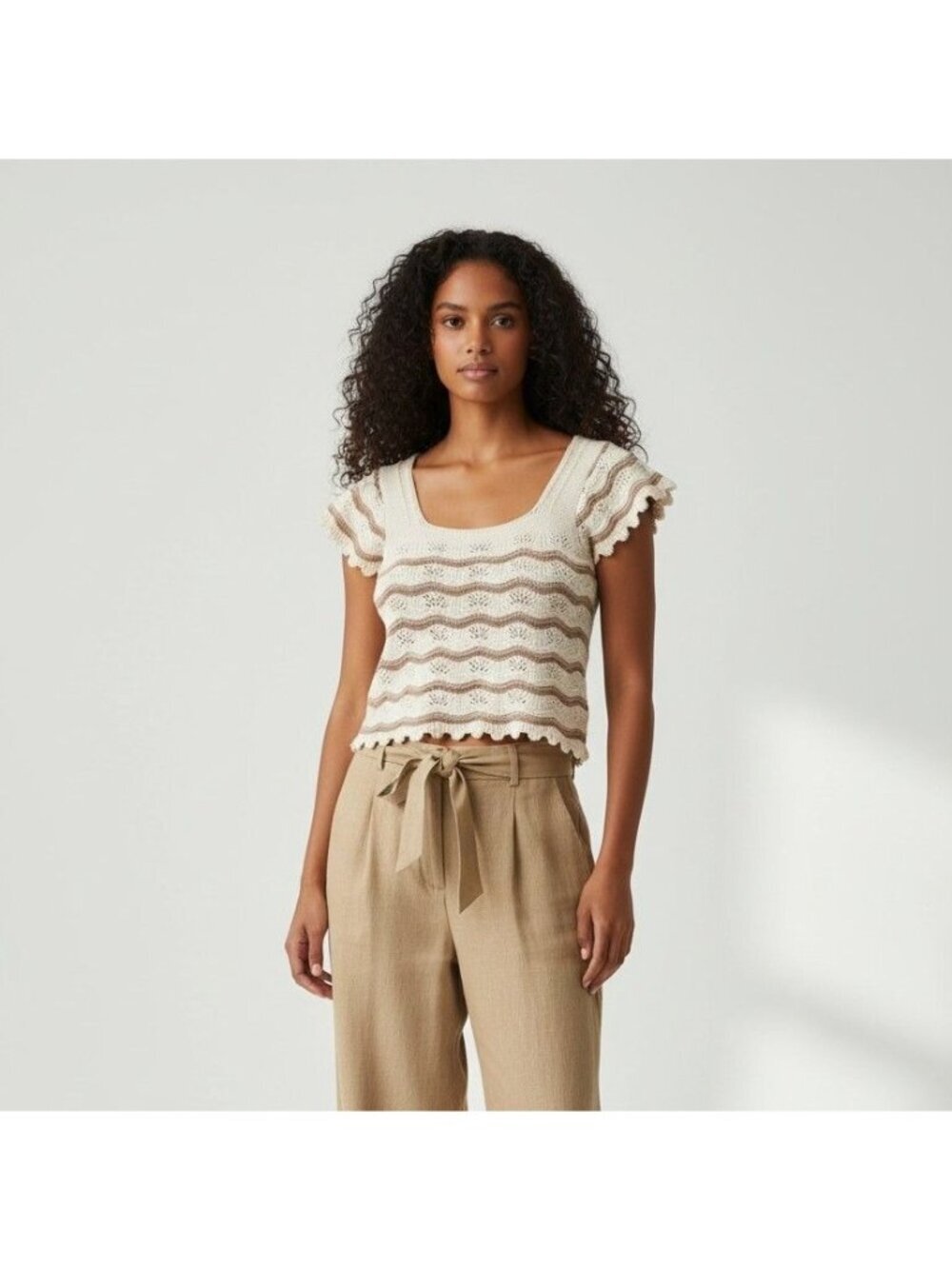 Jessica Simpson XL Crochet Knit Boho Cotton Top Ruffle Sleeves Tan & Cream Wome